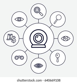 Look icons set. set of 9 look outline icons such as mirror, heart search, magnifier, eye, web camera, binoculars