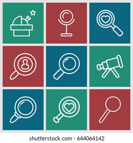 Look icons set. set of 9 look outline icons such as mirror, heart search, magnifier, user search, telescope, observatory