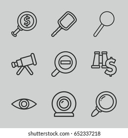 Look icons set. set of 9 look outline icons such as mirror, magnifier, zoom out, eye, web camera, telescope, dollar search, search