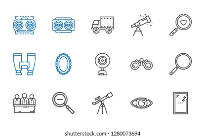 look icons set. Collection of look with mirror, eye, telescope, zoom out, candidates, loupe, binoculars, webcam, magnifying glass, side view. Editable and scalable look icons.