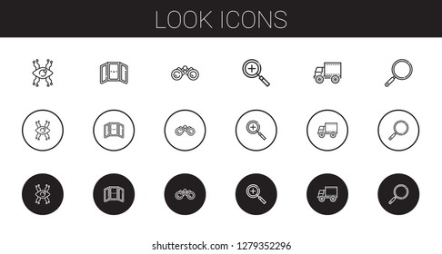 look icons set. Collection of look with vision, mirror, binoculars, zoom in, side view, loupe. Editable and scalable look icons.