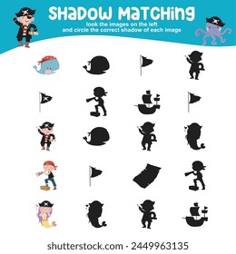 Look the image on the left and circle the correct shadow of each image. Find the correct shadow. Printable activity page for kids. Learning Game. Vector file.