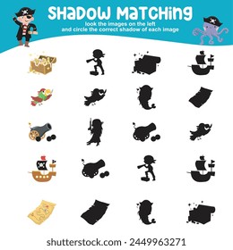 Look the image on the left and circle the correct shadow of each image. Find the correct shadow. Printable activity page for kids. Learning Game. Vector file.