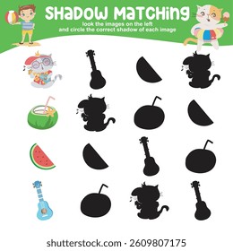 Look the image on the left and circle the correct shadow of each image. Find the correct shadow. Printable activity page for kids. 