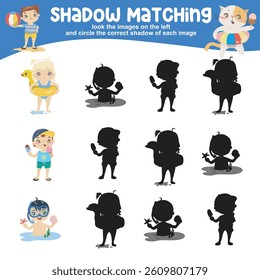 Look the image on the left and circle the correct shadow of each image. Find the correct shadow. Printable activity page for kids. 