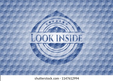 Look inside blue emblem or badge with abstract geometric polygonal pattern background.