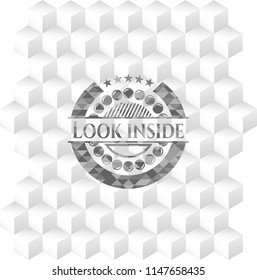 Look inside realistic grey emblem with geometric cube white background