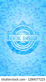 Look inside realistic sky blue emblem. Mosaic background
