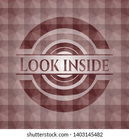 Look inside red emblem or badge with abstract geometric pattern background. Seamless.
