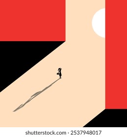 Una mirada a un futuro brillante. Concepto de oportunidad de negocio o carrera. Hombre de negocios a las puertas del cielo. Un símbolo de un nuevo trabajo, nuevas oportunidades, crecimiento profesional. Minimalismo empresarial. Gráficos de Vector