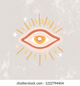 A look into the future. Eye. Typography graphic print, fashion drawing for t-shirts. Vector stickers,print, patches vintage