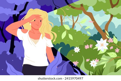 Look into future with optimism and focus on good, mental health. Happy girl optimist with positive mindset and smile looking forward to beautiful world inside light beam cartoon vector illustration