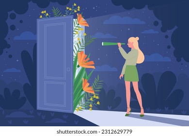 Mirar hacia adelante un futuro desconocido y la visión del camino del éxito, el concepto de curiosidad ilustración vectorial. Mujer caricaturista mirando a través del telescopio a la puerta abierta con hermosas flores dentro y haz de luz