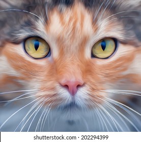 Look into your soul of an extremely beautiful cat female. Eye contact through the lens with widely open feline pupils with bright yellow iris. Unusual vector image in oil painting style.