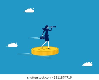 Look for investment and business opportunities. businesswoman looking through binoculars on a coin