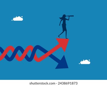 Look for investments based on uncertainty. Businesswoman looks through binoculars on fluctuation graph 