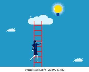 Look for knowledge opportunities. Businesswoman climbs a ladder to catch a light bulb 