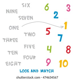 Look and Match the numbers 1 to 10. Kids words learning game, worksheets with simple colorful graphics. children educational Learning color theme and vocabulary. Vector