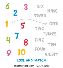 Look and Match the numbers 1 to 10. Kids words learning game, worksheets with simple colorful graphics. children educational Learning color theme and vocabulary. Vector