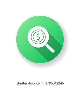 Look for money green flat design long shadow glyph icon. Search for investment. Monetary gain. Zoom on coin. Discover cash. Financial operation. Inspect income. Silhouette RGB color illustration