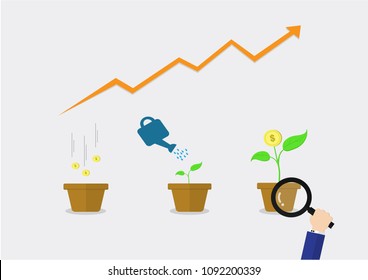 look at the money tree is growing on pot and watering can with an arrow by a magnifying glass