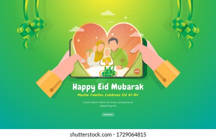 Look at Muslim families in love on mobile screen background for Eid Mubarak greeting concept
