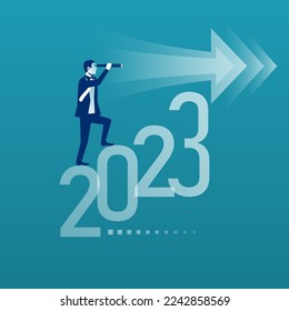 Look at the next year. Businessman with a telescope looks at the next year 2023. Successful prospects in the coming year. Vector illustration flat design. 