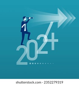 Look at the next year. Businessman with a telescope looks at the next year 2024. Successful prospects in the coming year. Vector illustration flat design. 