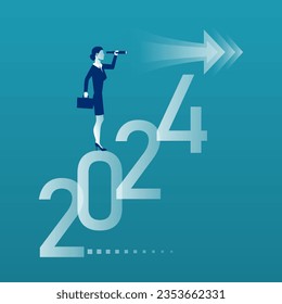 Look at the next year. Businesswoman with a telescope looks at the next year 2024. Successful prospects in the coming year. Vector illustration flat design. 