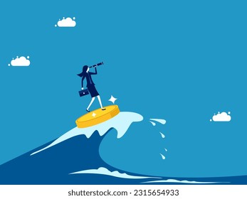 Look for opportunities in the financial crisis. Businesswoman surfing the sea with coins vector