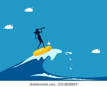 Look for opportunities in the financial crisis. woman surfing the sea with coins