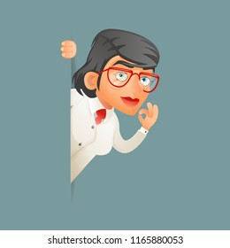 Look out corner female professor expert genius scientist character icons set retro cartoon design vector illustration