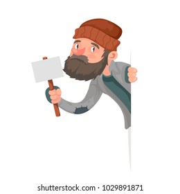 Look Out Corner Poor Homeless Bum Male Character Beg Help Hand Isolated Icon Cartoon Design Vector Illustration

