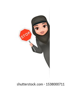 Look out corner protest fight for equal rights stop sign Arab traditional female clothing hijab abaya cute 3d cartoon character design vector illustration