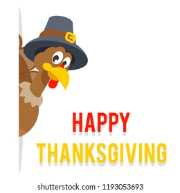 Look out of corner thanksgiving turkey pilgrim hat flat design vector illustration