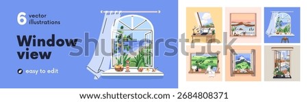 Look out from open windows set. Views from cozy homes. Beautiful nature and city landscapes, countryside, field, sea beach and mountain outside, windowsills, tables inside. Flat vector illustrations