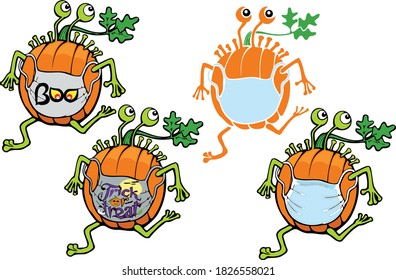 Look out! This pumpkin has coronavirus and is contagious. This illustration features a pumpkin mix wearing a face masks. 
