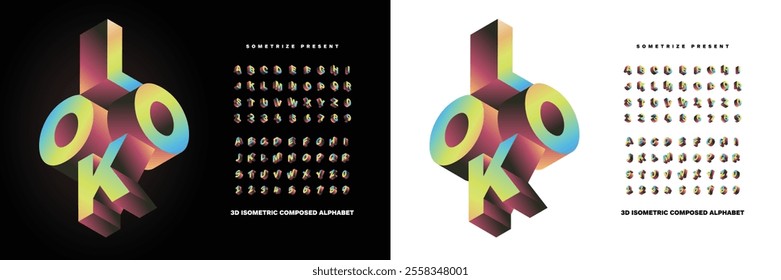 Look: A perfect blend of minimalism and boldness for modern branding projects. Isometric display font with a vibrant, multicolored design. Available in white and black background. Vector illustration