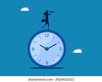 Look for the right time to do business. woman looking into binoculars on Clock 