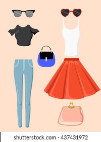  Look Set of trendy women's clothes. Outfit of dress and accessories, wardrobe. Vector illustration