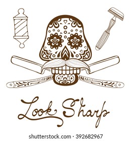 Look sharp. Skull with mustache. Retro style hand drawn graphics for barber shop emblem
