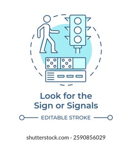 Look for signs and signals soft blue concept icon. Traffic lights for crossing protection. Pedestrian safety. Round shape line illustration. Abstract idea. Graphic design. Easy to use in brochure