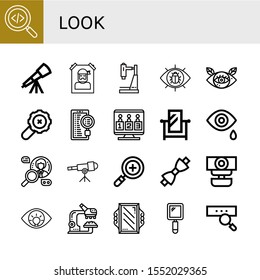 look simple icons set. Contains such icons as Search, Telescope, Wanted, Research, View, Eye, Candidates, Mirror, Tear, Bow tie, Webcam, Hand mirror, can be used for web, mobile and logo