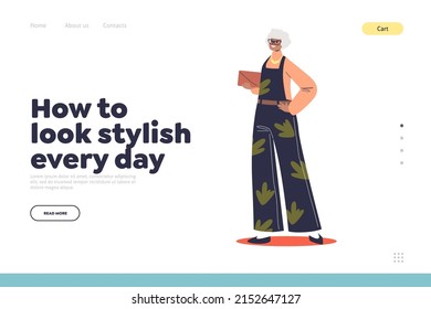 Descubra el elegante concepto diario de la página de aterrizaje con una señora mayor de moda vestida de forma casual. Mujer mayor con ropa informal para adulto jubilado mayor. Dibujo vectorial plano de dibujos animados