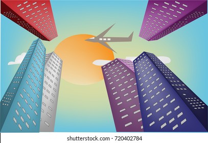 look up to the sun with blue sky background and building around  ,clear day,vector landscape background
