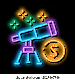 look at telescope money neon light sign vector. Glowing bright icon look at telescope money sign. transparent symbol illustration