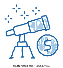 look at telescope money sketch icon vector. Hand drawn blue doodle line art look at telescope money sign. isolated symbol illustration