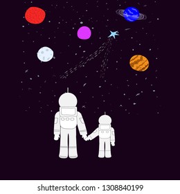 Look at this card Universe Space travel Planet Star moon astronaut cosmos astronomy inspiration graphic design typography element. Hand drawn postcard. Cute simple vector paper cutout collage style