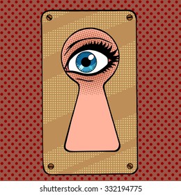 Look through the keyhole snooping and curiosity pop art retro vintage style