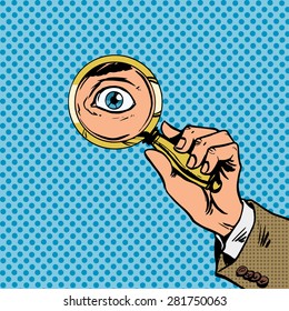 Look through a magnifying glass searching eyes pop art comics retro style Halftone. Imitation of old illustrations